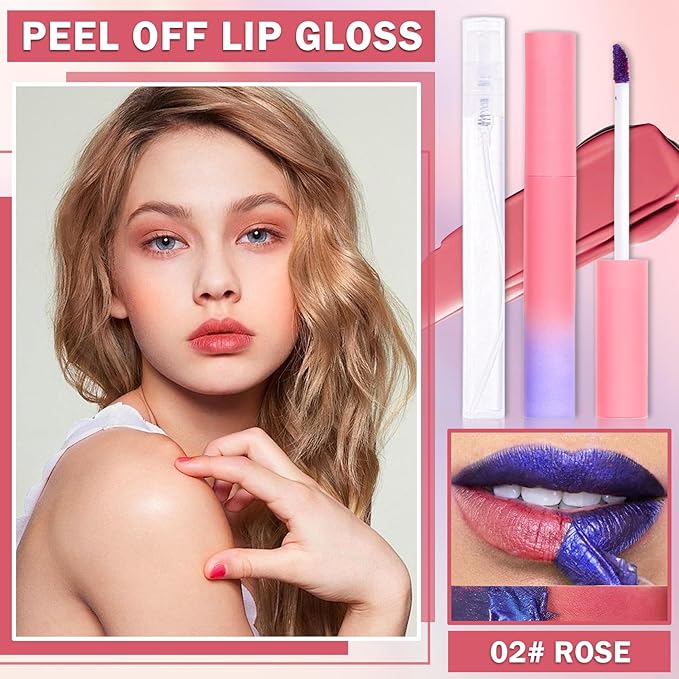 Peel Off Lip Stain Peel Off Lip Tint Stain Highly Pigmented Lip Peel Off Stain Long Lasting LipStains Peel Off Nude Lip Gloss Matte Liquid Lipstick Lip Makeup for Women(02 Rose)