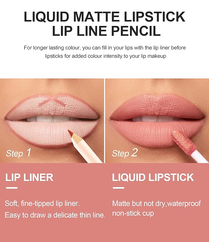 Matte Lip Liner Pen and Velvet Lipstick Set, Long
