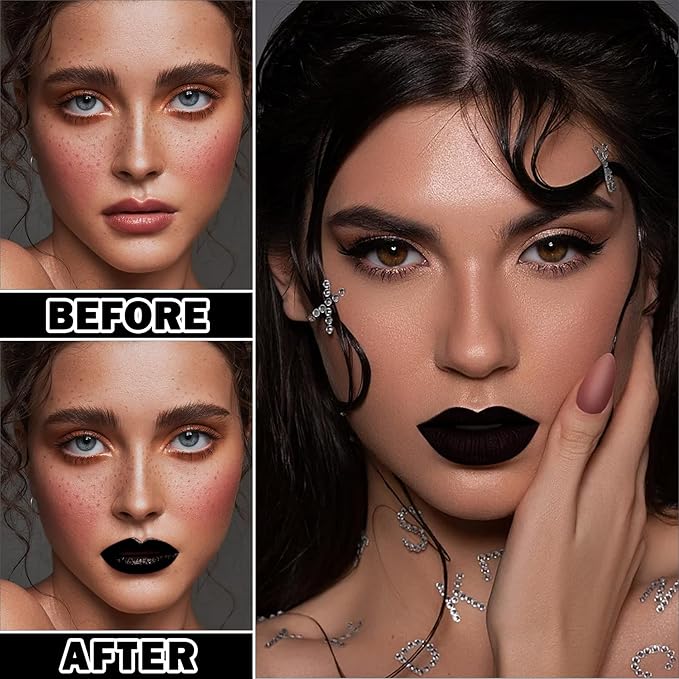 3 in 1 Lipstick and Lipliner Set,Lip Liner and Lipstick Set 3Pcs,Black Matte Lipstick Lip Liner,Moisturizing Velvet Lip Gloss Set,Long Lasting Waterproof Lip Stain Liquid Lipgloss Set for Women Halloween Gothic Makeup