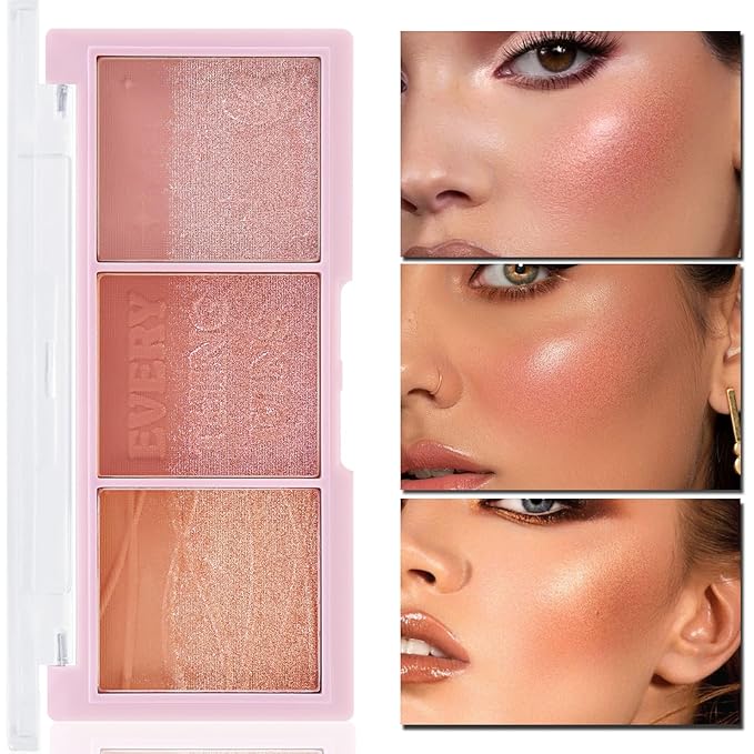 3 Colors Blush Palette,Blush Powder for Cheeks Makeup,Glitter
