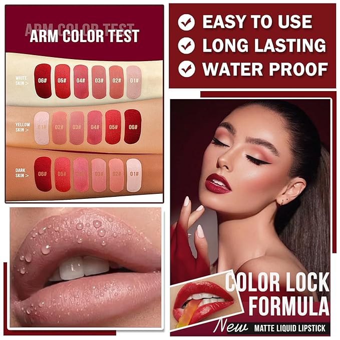 6 Colors Matte Liquid Lipstick Set, Velvet Smooth Gloss,