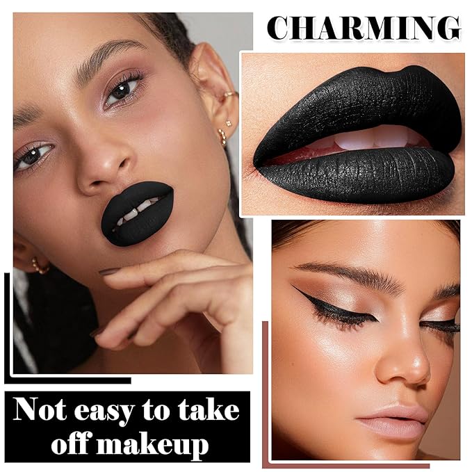 Black Matte Lipstick and Lip Liner Pencil Set Black Liquid Lipstick Lip Gloss Set Smudge Proof Long-lasting Lip Stain Suitable for Halloween Goth Cosplay Makeup Black Lip Makeup