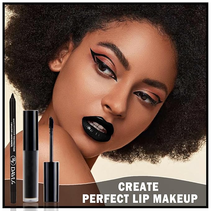 Black Matte Lipstick and Lip Liner Pencil Set Black Liquid Lipstick Lip Gloss Set Smudge Proof Long-lasting Lip Stain Suitable for Halloween Goth Cosplay Makeup Black Lip Makeup