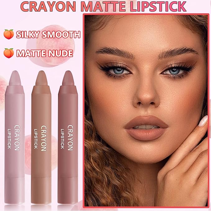 3 Pcs Nude Crayon Lipstick Set,Matte Velvet Lipstick Lip Crayon Nourishing Non-Stick Cup Lip Stain Lip Gloss,Long-lasting Waterproof Lip Stick Lip Makeup for Women(Set A)