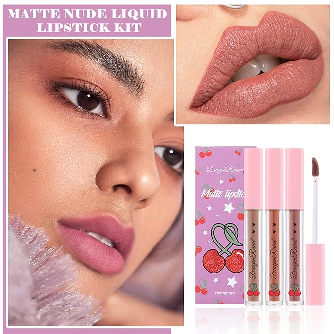 3PCS Matte Nude Lipstick Set Liquid Lipstick Lip Gloss Set,Matte Velvety Lip Stick High Pigmented Lip Tint Lip Stain Set for Daily Makeups - Set D