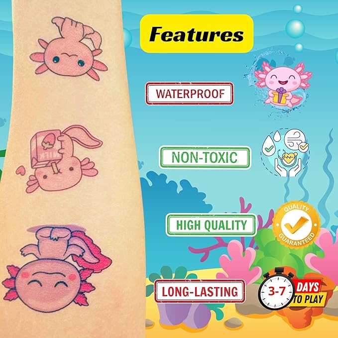 Axolotl Temporary Tattoos - Cute Animal Kawaii Axolotl Décor, Axololt