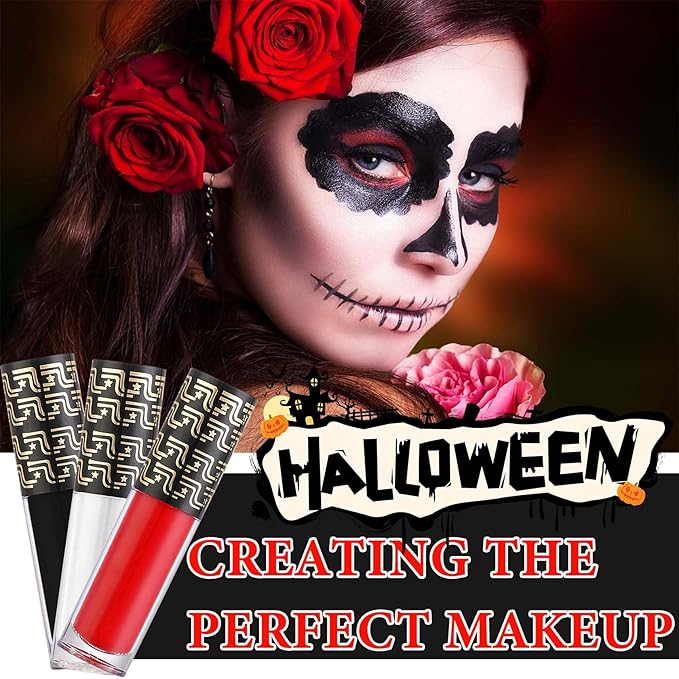 3 PCS Matte Black & White & Red Liquid Lipstick,Professional Halloween Special Effects Makeup Long Lasting Waterproof Face Body Paint Lip Gloss for Cosplay Goth Makeup