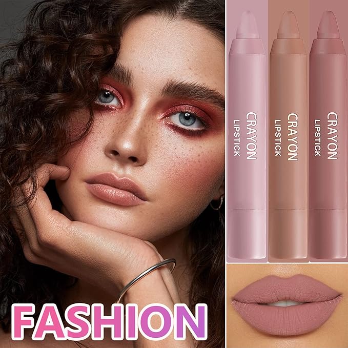 3 Pcs Nude Crayon Lipstick Set,Matte Velvet Lipstick Lip Crayon Nourishing Non-Stick Cup Lip Stain Lip Gloss,Long-lasting Waterproof Lip Stick Lip Makeup for Women(Set A)