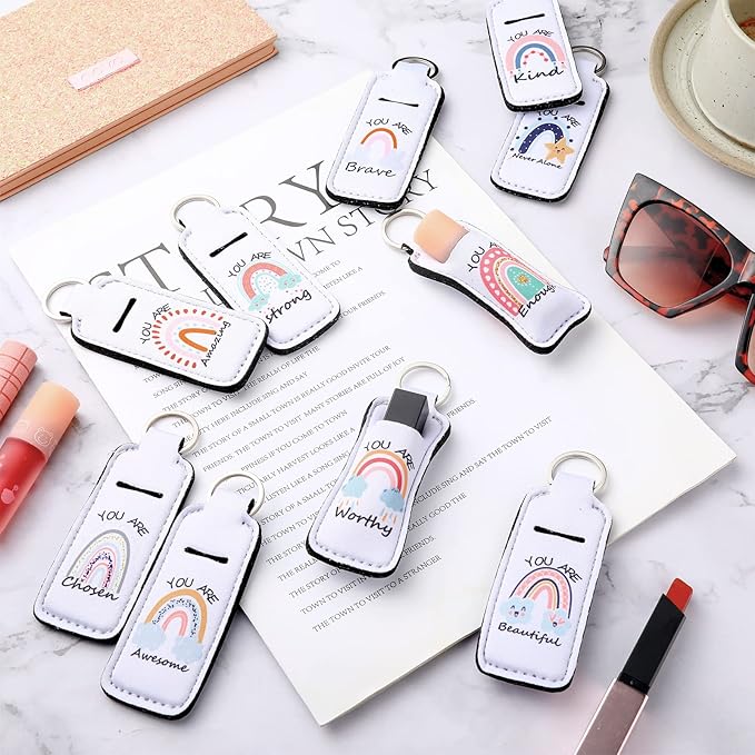 Ctosree 40 Pcs Bohemian Rainbow Lipstick Holder with Inspirational Words Portable Clip on Lip Gloss Sleeve Pouch Keychain Boho Pocket Lip Balm Holder for Travel Graduation Gifts, 10 Pattern