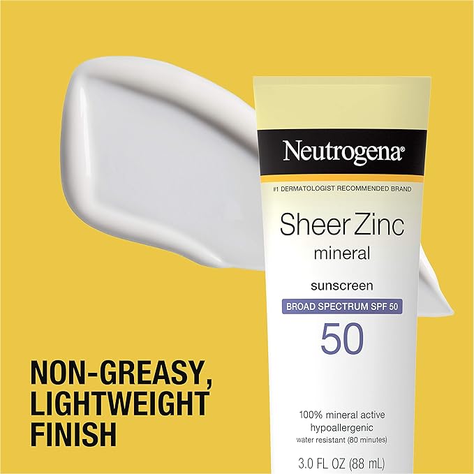 Neutrogena Sheer Zinc Oxide Dry-Touch Mineral Sunscreen Lotion, Broad Spectrum SPF 50 UVA/UVB Protection, Water-Resistant, Hypoallergenic and Non-Greasy, Paraben-Free, 3 fl. oz, Pack of 3