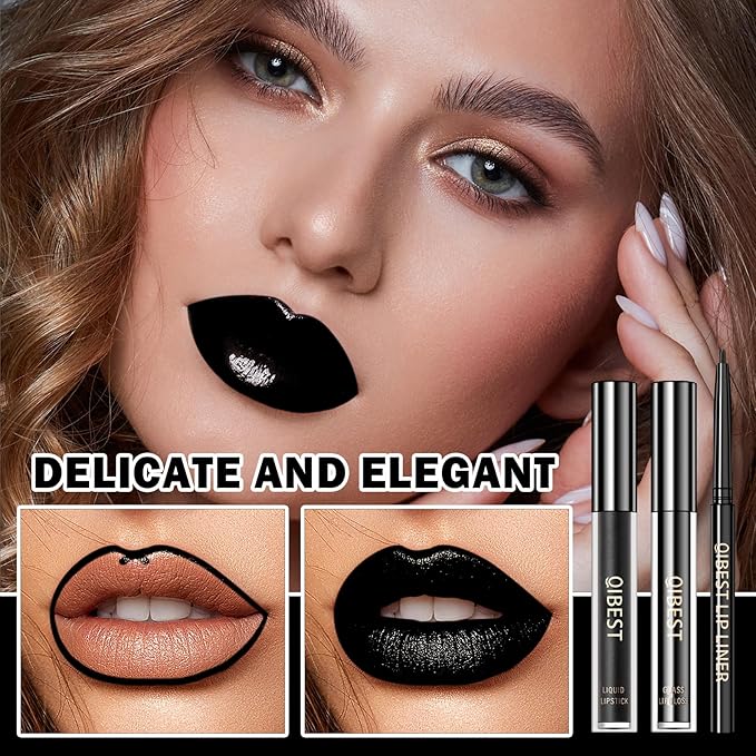 3 in 1 Lipstick and Lipliner Set,Lip Liner and Lipstick Set 3Pcs,Black Matte Lipstick Lip Liner,Moisturizing Velvet Lip Gloss Set,Long Lasting Waterproof Lip Stain Liquid Lipgloss Set for Women Halloween Gothic Makeup
