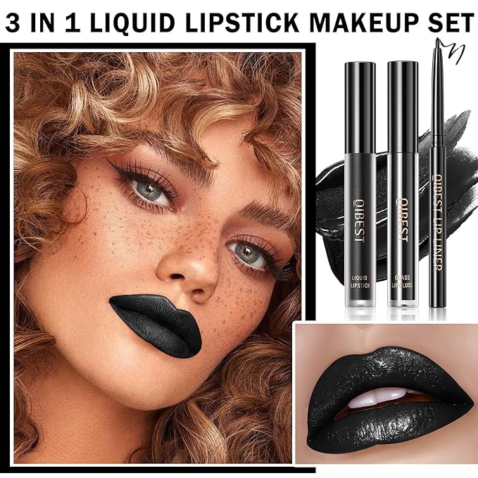 3Pcs Black Lip Liner And Lipstick Set Liquid Charming