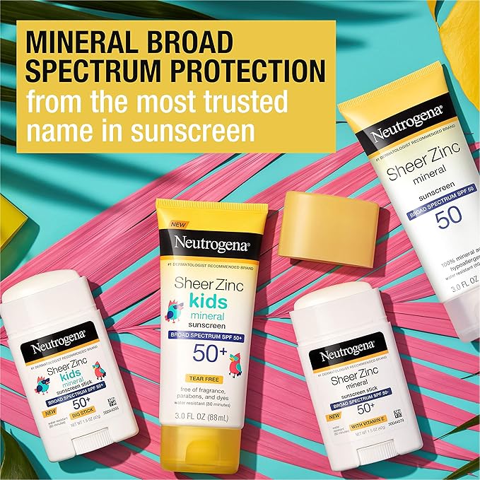 Neutrogena Sheer Zinc Oxide Dry-Touch Mineral Sunscreen Lotion, Broad Spectrum SPF 50 UVA/UVB Protection, Water-Resistant, Hypoallergenic and Non-Greasy, Paraben-Free, 3 fl. oz, Pack of 3