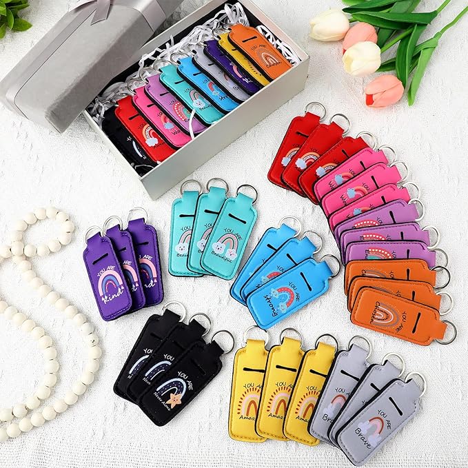 Ctosree 40 Pcs Lip Balm Lipstick Holder Keychain with Inspirational Words Portable Clip on Lip Gloss Sleeve Pouch Pocket Lip Balm Holder Mom Teacher Gifts for Graduation Travel Accessory