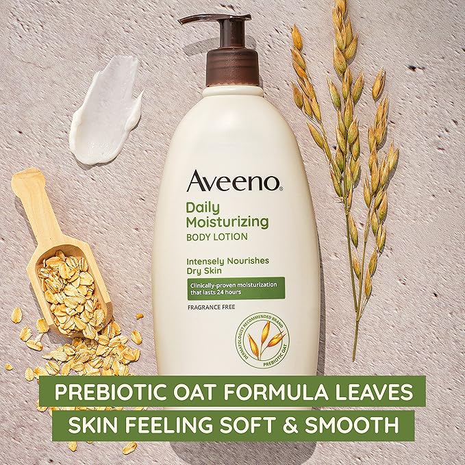 Aveeno Daily Moisturizing Body Lotion with Soothing Prebiotic Oat, Gentle Lotion Nourishes Dry Skin With Moisture, Paraben-, Dye- & Fragrance-Free, Non-Greasy & Non-Comedogenic, 12 fl. Oz (Pack of 2)