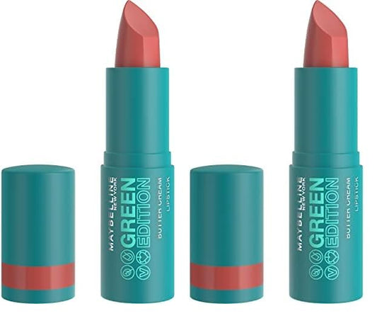 MAYBELLINE Green Edition Butter Cream High-Pigment Bullet Lipstick, Shore, Coral Nude, 0.12 oz (Pack of 2)