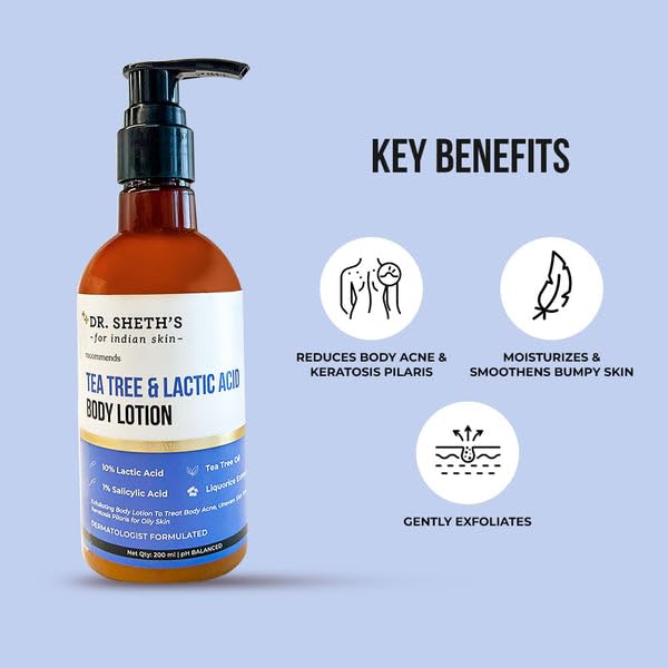 Dr. Sheth's Tea Tree & Lactic Acid Exfoliating Body Lotion | Reduces Body Acne & Smooths Bumpy Skin | Non Sticky Moisturizer for Oily to Normal Skin | Fragrance-Free | 6.76 Fl Oz/200 ml
