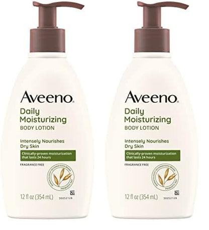 Aveeno Daily Moisturizing Body Lotion with Soothing Prebiotic Oat, Gentle Lotion Nourishes Dry Skin With Moisture, Paraben-, Dye- & Fragrance-Free, Non-Greasy & Non-Comedogenic, 12 fl. Oz (Pack of 2)