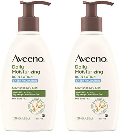 Aveeno Sheer Hydration Daily Moisturizing Fragrance-Free Lotion with Nourishing Prebiotic Oat, Fast-Absorbing Body Moisturizer for Dry Skin with Lightweight, Breathable Feel, 12 fl. oz (Pack of 2)