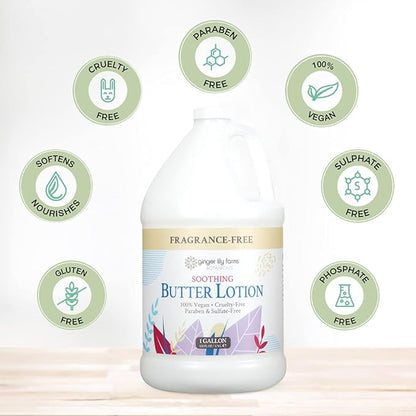 Ginger Lily Farms Botanicals Soothing Butter Lotion for Dry, Sensitive Skin, 100% Vegan & Cruelty-Free, Fragrance Free, 1 Gallon Refill (Pack of 4)