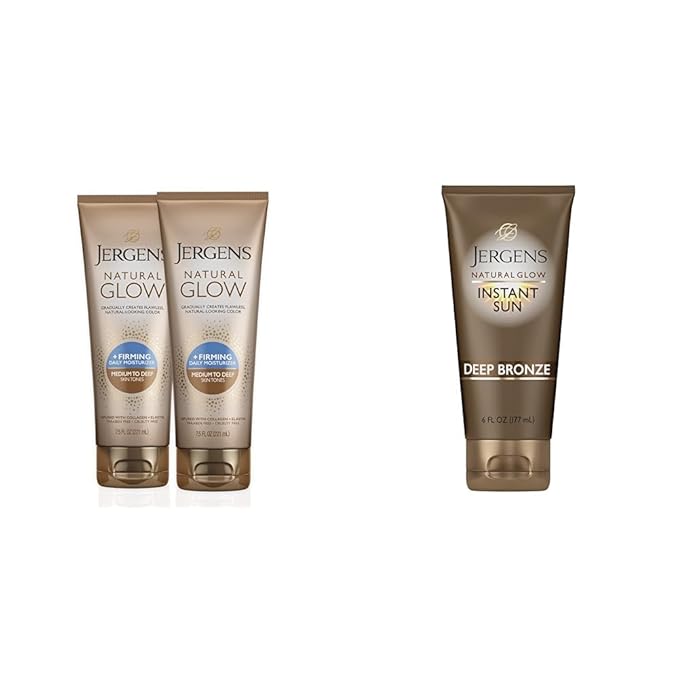 Jergens Natural Glow +FIRMING Self Tanner Body Lotion, Medium to Tan Skin Tone & Natural Glow Instant Sun Sunless Tanning Moisturizer + Bronzer, Self Tanner, Deep Bronze