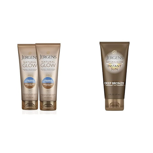 Jergens Natural Glow +FIRMING Self Tanner Body Lotion, Medium to Tan Skin Tone & Natural Glow Instant Sun Sunless Tanning Moisturizer + Bronzer, Self Tanner, Deep Bronze