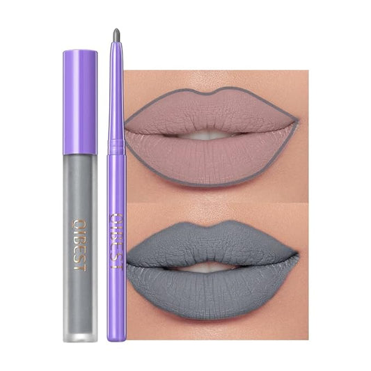 2 Pcs Halloween Dark Matte Liquid Lipstick + Lip Liner Pens Sets, 8 Colors High Pigmented Goth Sexy & Bold Lip Gloss, 24H Waterproof Long-lasting Matte Lipstick , Non-Stick Cup Velvety Lip Makeup for Women (Gray)