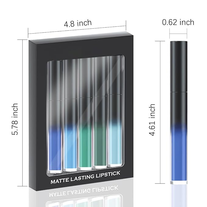 evpct 5Pcs Dark Light SKy Blue Emerald Green Matte Liquid Lipstick Lip Stain Sets for Women Matte+Lipstick Long Lasting 24 hr Hours Magic Lipstick 24 Hours original Waterproof Set03