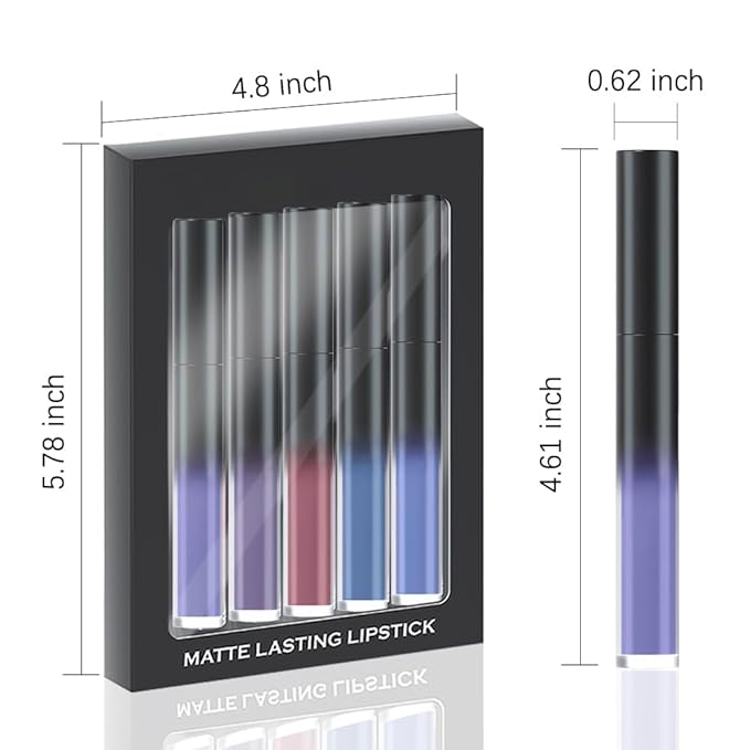 evpct 5Pcs Dark Light Blue Plum Purple Red Violet Matte Liquid Lipstick Lip Stain Sets for Women Matte+Lipstick Long Lasting 24 hr Hours Magic Lipstick 24 Hours original Waterproof Set02