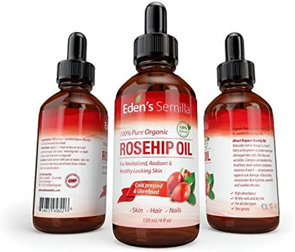 100% Pure Rosehip Oil - 4 OZ - Certified ORGANIC - Cold pressed & unrefined - NON Greasy HIGH absorbency - Use daily - nourishes, hydrates and visibly reduces fine lines, scars, stretch marks and skin