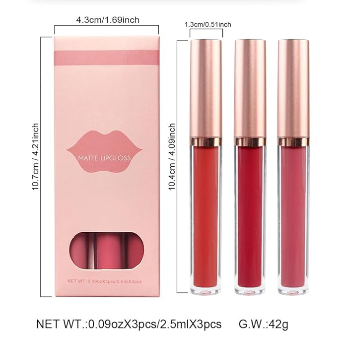 3Pcs Dark Red Matte Velvet Lipgloss Set,Brick Red Lipgloss
