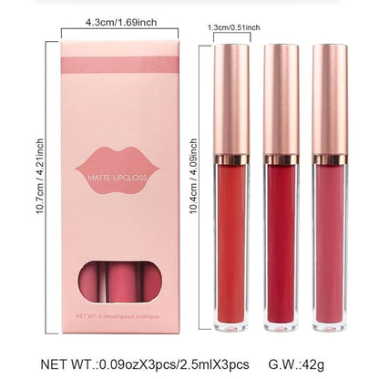 3Pcs Dark Red Matte Velvet Lipgloss Set,Brick Red Lipgloss