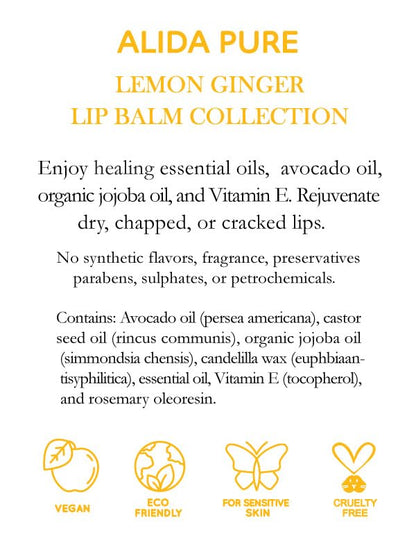 Lemon Ginger Lip Balm Collection, Vegan Lip Balm Set, Bees Wax Free, with Avocado Oil, Organic Jojoba Oil, Vitamin E, Natural Moisturizer For Dry, Cracked, or Chapped Lips, 3 Tube Set