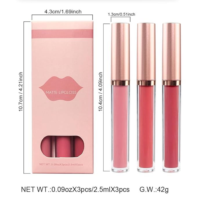 3Pcs Red Pink Matte Velvet Lipgloss Set,Peachy Grapefruit Lipgloss