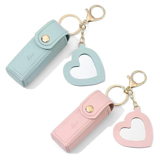 2 pcs Lipstick Cases Keychain Chapstick Case Holder Lip Balm Sleeves Pouch with Mirror Heart Shaped, Portable Leather Lip Gloss Mini Bags Stocking Stuffers (pink+turquoise)