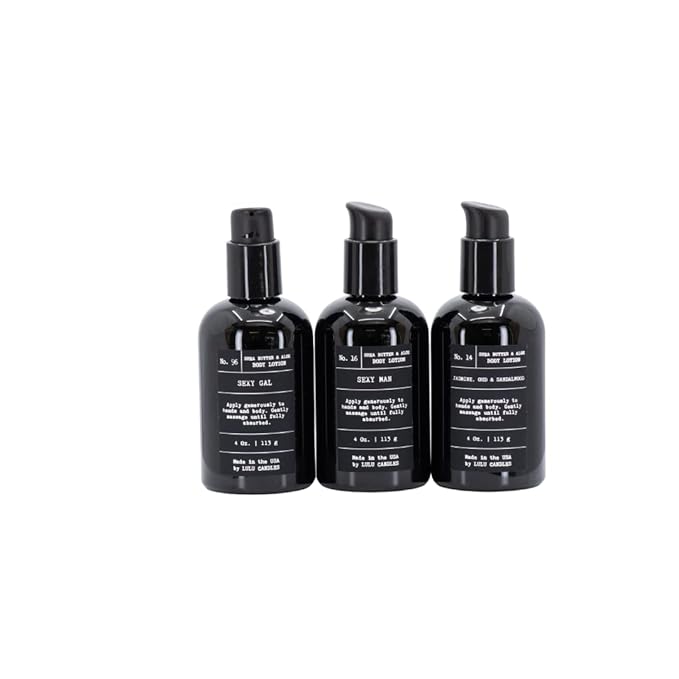 Lulu Candles Moisturizing Body Lotion with Shea Butter & Aloe | Gentle Lotion Nourishes Dry Skin | No Paraben | Dye Free | Non-Greasy (4 Oz. 3-PC SET, Jasmine, Oud & Sandalwood, Sexy Man, Sexy Gal)