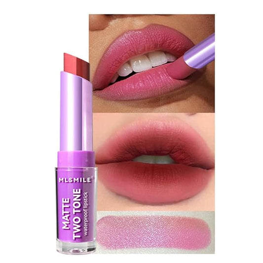 Pink Lip Gloss Two Tone Matte Lipstick, Long Lasting Moisturize Non-Sticky Bitten Lip-look Lip Makeup, Silk Finish Matte Lipstick, High Pigment 2 In1 Two-Tone Lip Waterproof Lipstick for Women (#05)