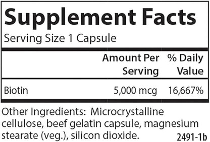 Carlson - Biotin, 5000 mcg, Healthy Hair, Strong Nails & Energy Production, 50 Capsules