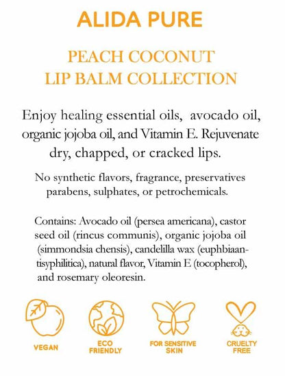 Lip Balm Collection - Peach Coconut, Vegan, Beeswax Free, Avocado Oil, Organic Jojoba Oil, Vitamin E, Moisturizer for Dry, Chapped Lips - 3 Tube Set