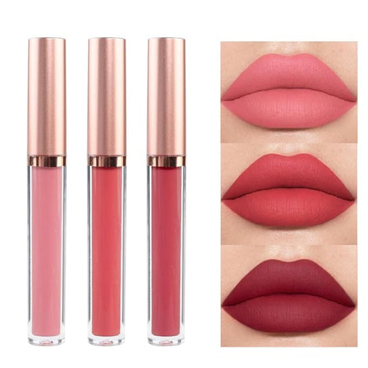 3Pcs Red Pink Matte Velvet Lipgloss Set,Peachy Grapefruit Lipgloss