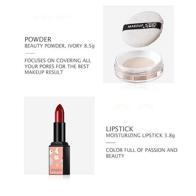 VENZEN Makeup Beauty Cream 3pcs Gift Box Carpet Flowers Colors Ivory White Foundation Powder Moisturizing Concealer Lipstick
