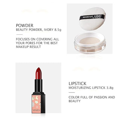 VENZEN Makeup Beauty Cream 3pcs Gift Box Carpet Flowers Colors Ivory White Foundation Powder Moisturizing Concealer Lipstick