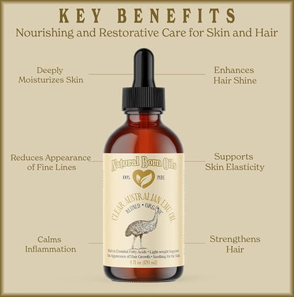 Natural Born Oils Ultra Clear Emu Oil, 8oz, Organic, Fully Refined, Deep Penetrating, Skin Elasticity Booster, Hair Conditioner