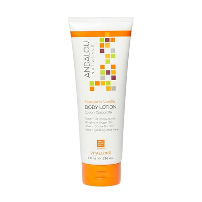 Andalou Naturals Vitalizing Body Lotion, Mandarin Vanilla Body Moisturizer, 8 Oz, Shea Butter, Cocoa Butter, Argan Oil, Rosehip Oil & Aloe Vera, Vegan