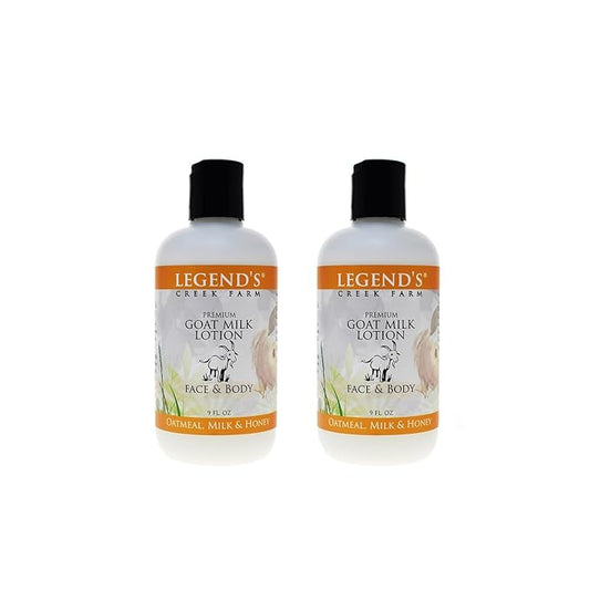Legend's Creek Farm Goat Milk Lotion - Moisturizing Goat Milk Body Lotion for Body, Hand & Face - 9 oz Body Moisturizer with Shea Butter, Sunflower Oil, Aloe (2-Pack, Oatmeal, Milk & Honey)