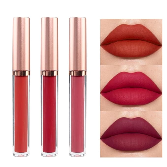3Pcs Dark Red Matte Velvet Lipgloss Set,Brick Red Lipgloss