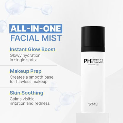 SAM'U PH Sensitive Cream Mist, Centella Face Mist, Hypoallergenic Facial Spray with Hyaluronic Acid & Ceramide, Hydrating & Quick Absorbing, Korean Skin Care for Dry & Sensitive Skin, 3.38 Fl. Oz