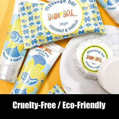 Sun + Sol Luxurious Hand & Body Lotion With Warm Coconut & Vanilla Fragrances, Travel Size Toiletries, Mini Hotel Amenities