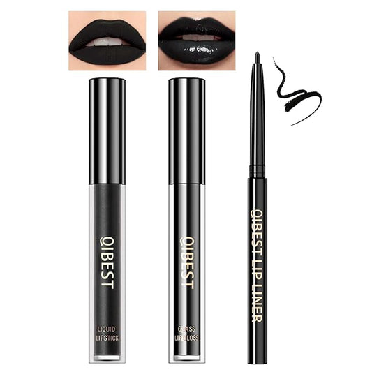 3 in 1 Lipstick and Lipliner Set,Lip Liner and Lipstick Set 3Pcs,Black Matte Lipstick Lip Liner,Moisturizing Velvet Lip Gloss Set,Long Lasting Waterproof Lip Stain Liquid Lipgloss Set for Women Halloween Gothic Makeup