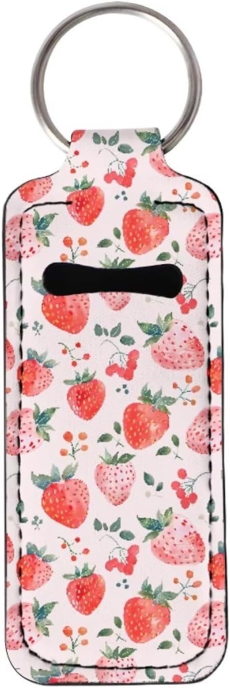 Horeset Cute Strawberry Print Lipstick Holder Keychains Clip-On Girls